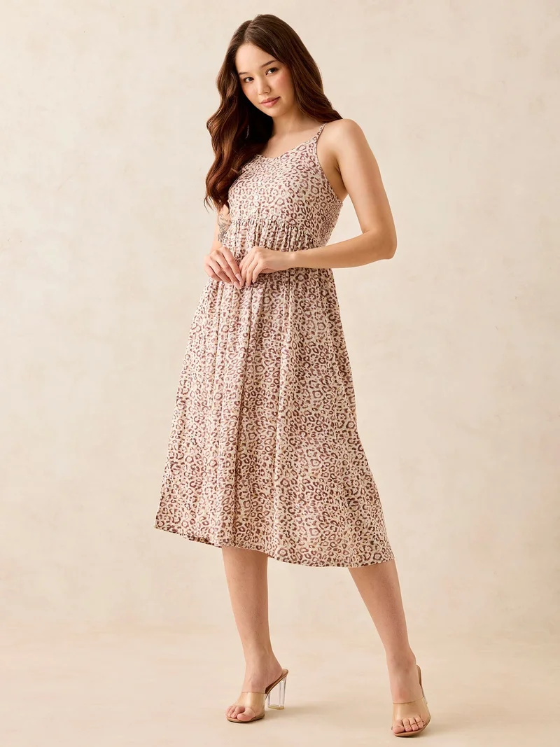 أوجيدر فستان ميدي بحمالات بطبعة زهور باللون البني